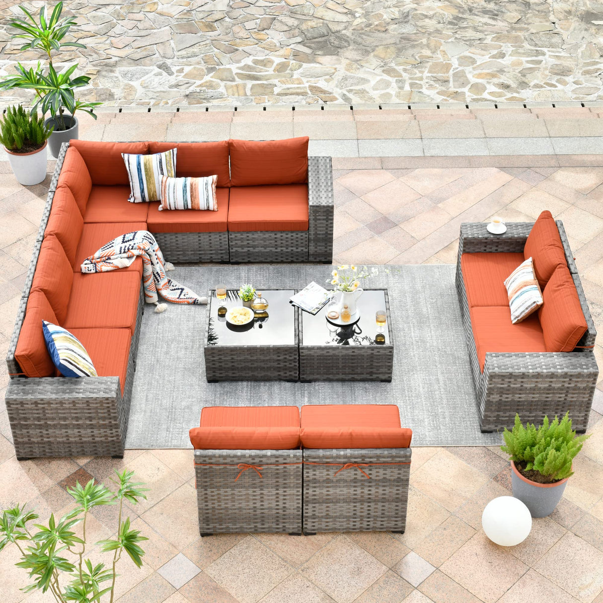 HOOOWOOO 12 Piece Modular Patio Outdoor Sectional Furniture Sofa Set,Wicker Conversation Set,Out Door Couch Set with Wide Arm for Outside All Weather(Orange Red) HOOOWOOO