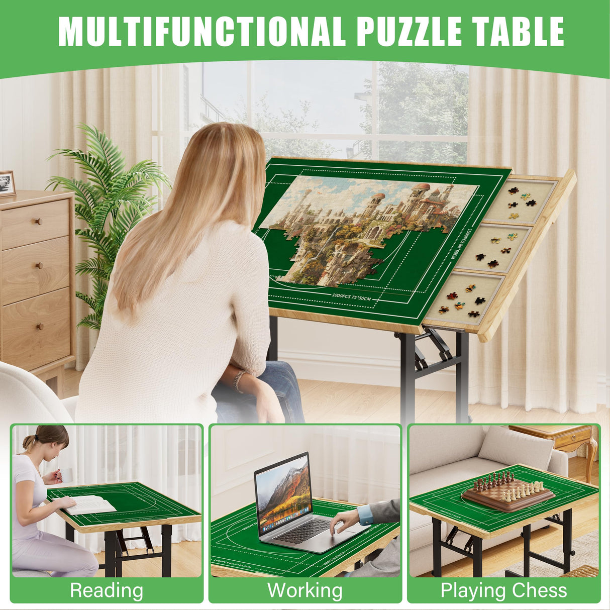 CODACE Puzzle Table with Drawers - 1500 Pieces Folding Puzzle Tables for Adults, Tilting Jigsaw Puzzles Board with Sorting Trays, Table with Adjustable Height Legs and Wheels，Present for Puzzles Lover CODACE