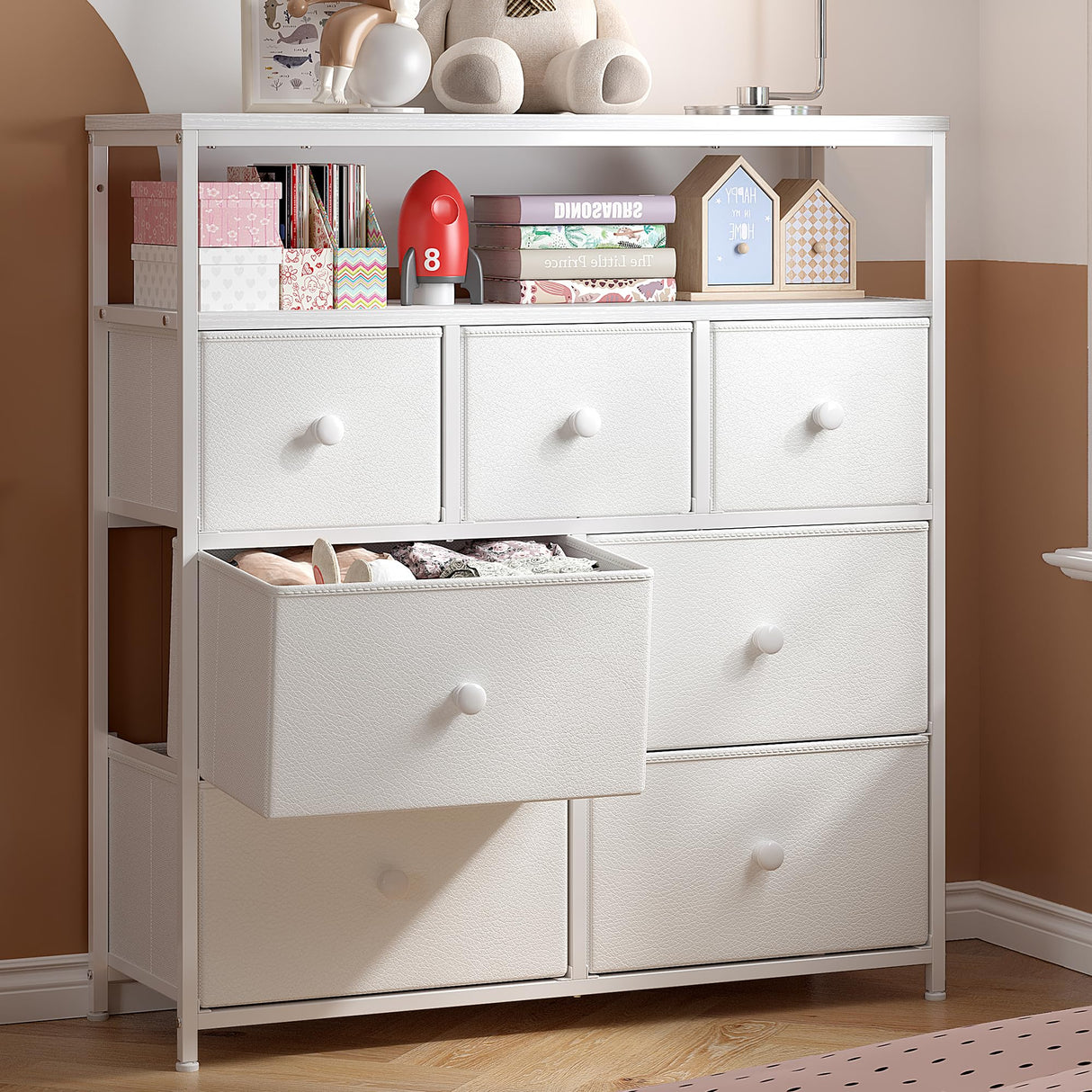 EnHomee White Dresser for Girls Bedroom with 7 Drawers and 2 Shelves, Girls Dresser with Wooden Top and Metal Frame, Cute Dressers & Chest of Drawers for Bedroom, Closets,Nursery,White EnHomee