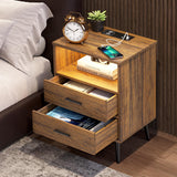 LVSOMT LED Nightstand with 3 Colors Dimmable Light, Bedroom Night Stand with Charging Station, Modern Smart Bed Side Table with 2 Drawers, Metal Legs, End Table for Living Room, Rustic Brown LVSOMT