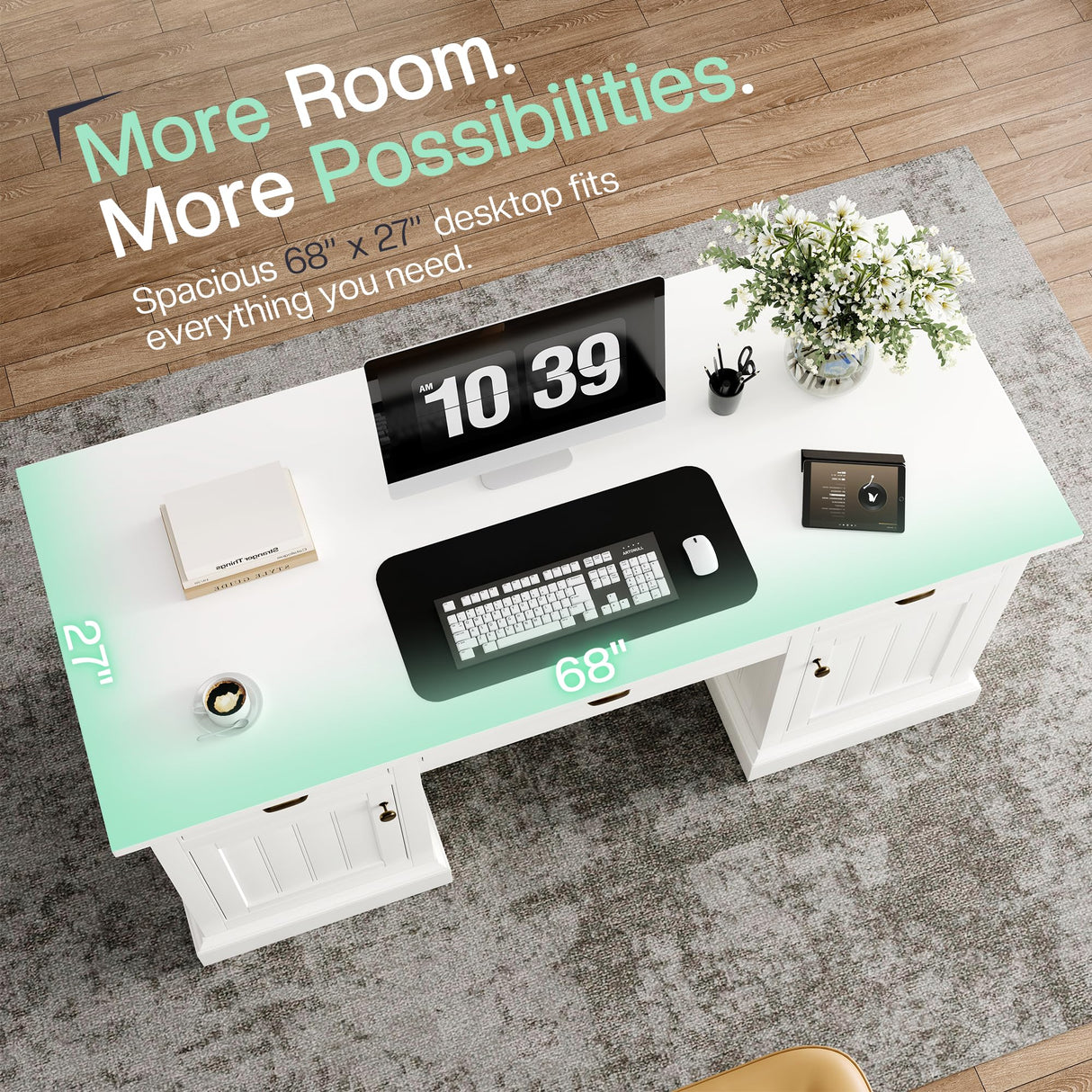 Jocisland 68" Executive Desk for Home Office & Study, Fluted Panel Computer Table with 3 Drawers and 2 Cabinets, Farmhouse Writing Desk – Pure White Jocisland