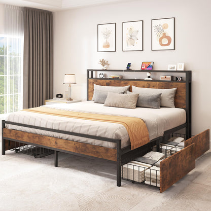 YITAHOME King Size Bed Frame with 4 Storage Drawers and Charging Station - Brown Metal Platform Bed - WoodArtSupply