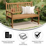 Flash Furniture Adele Commercial Grade Indoor/Outdoor Patio Acacia Wood Bench, 2-Person Slatted Seat Loveseat for Park, Garden, Yard, Porch, Set of 1, Brown Flash Furniture