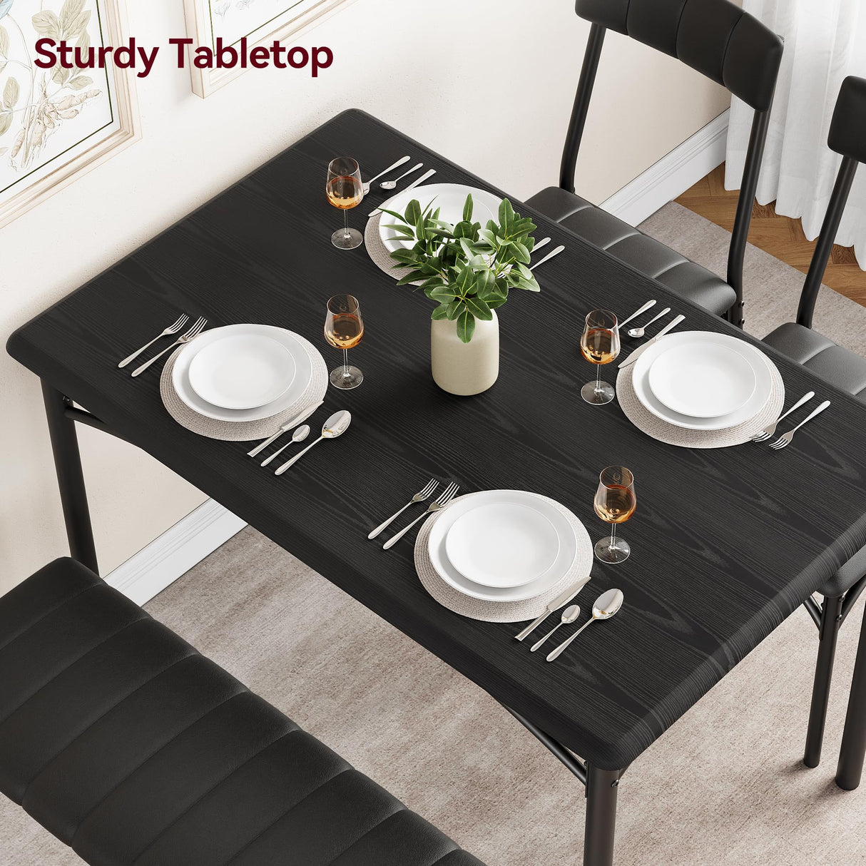 GAOMON Dining Table Set for 4, Kitchen Table with Upholstered Chairs and Bench, 4-Person Dining Room Table Set, Rectangular Kitchen Table Set for Small Space, Apartment, Home, Studio, Rustic Black GAOMON