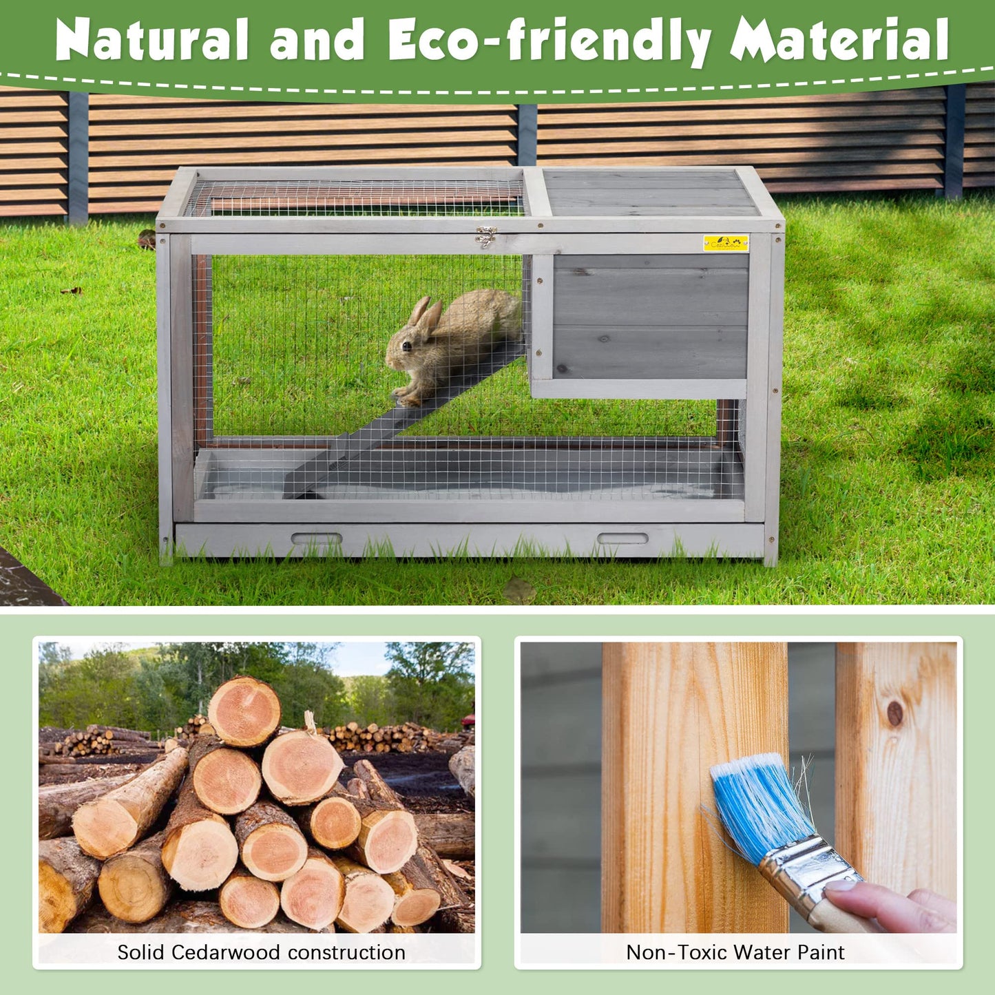 COZIVVOVV 2 Story Wooden Rabbit Hutch Indoor&Outdoor Bunny Cage with Pull Out Tray, Openable Roof, Side Door and Anti-Slip Ramp, Small Animal House(Grey) - WoodArtSupply