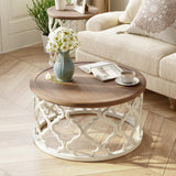 COZAYH Farmhouse Coffee Table, Distressed Tray Top Table with Curved Motif Frame Base for Boho, Rustic, French Country Decor, Round, White COZAYH