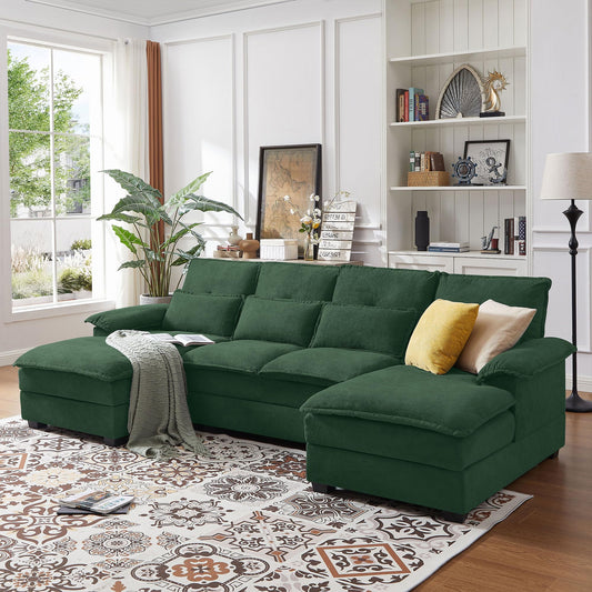 Tornama Convertible Sectional Sofa Couch, 109” Comfy Couches for Living Room, U Shape Cloud Couch with Double Chaise and Sleepable Armrests, 4 Seats Sectional Couch for Living Room, Green