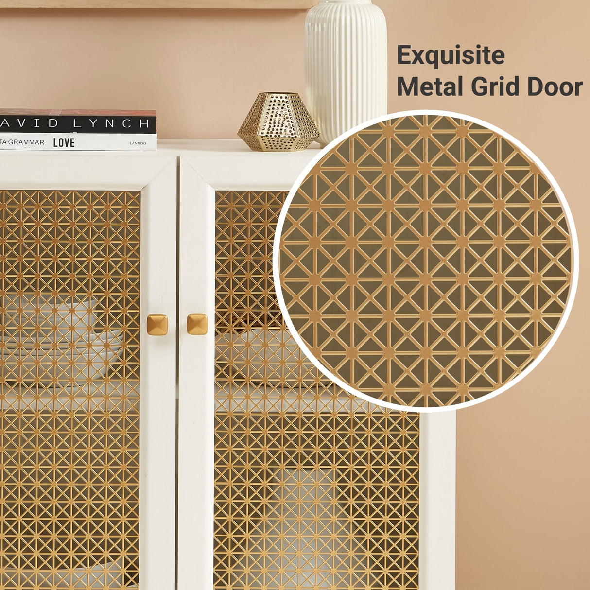EDYO LIVING 63" Metal Decorative Sideboard Buffet Cabinet with LED Light, White Credenza Storage Cabinet, Wood Accent Cabinet with 4 Doors for Living Room EDYO LIVING