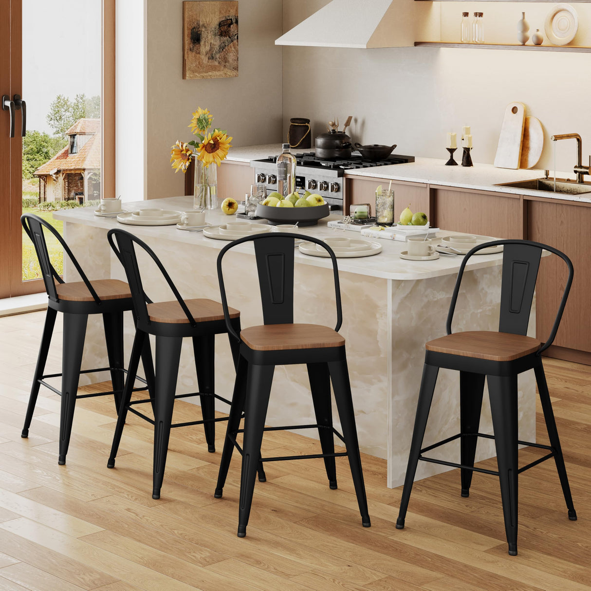 Andeworld Metal Bar Stools Set of 2, 24 inch Counter Height Barstools with Backs Farmhouse Modern High Back Bar Stools with Larger Seat Kitchen Dining Bar Chairs,Matte Black Andeworld