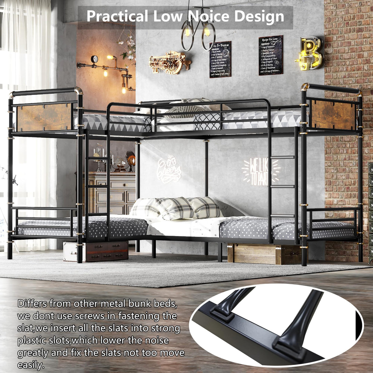 Aoowow Quad Bunk Bed Twin Over Twin,Industrial Bunk Bed for 4,Heavy Duty Bunk Beds for Adults,Boys,Girls,Teens,Vintage Wooden Metal Bunkbed into 3 Beds (Black, Quad Twin Bunk) Aoowow