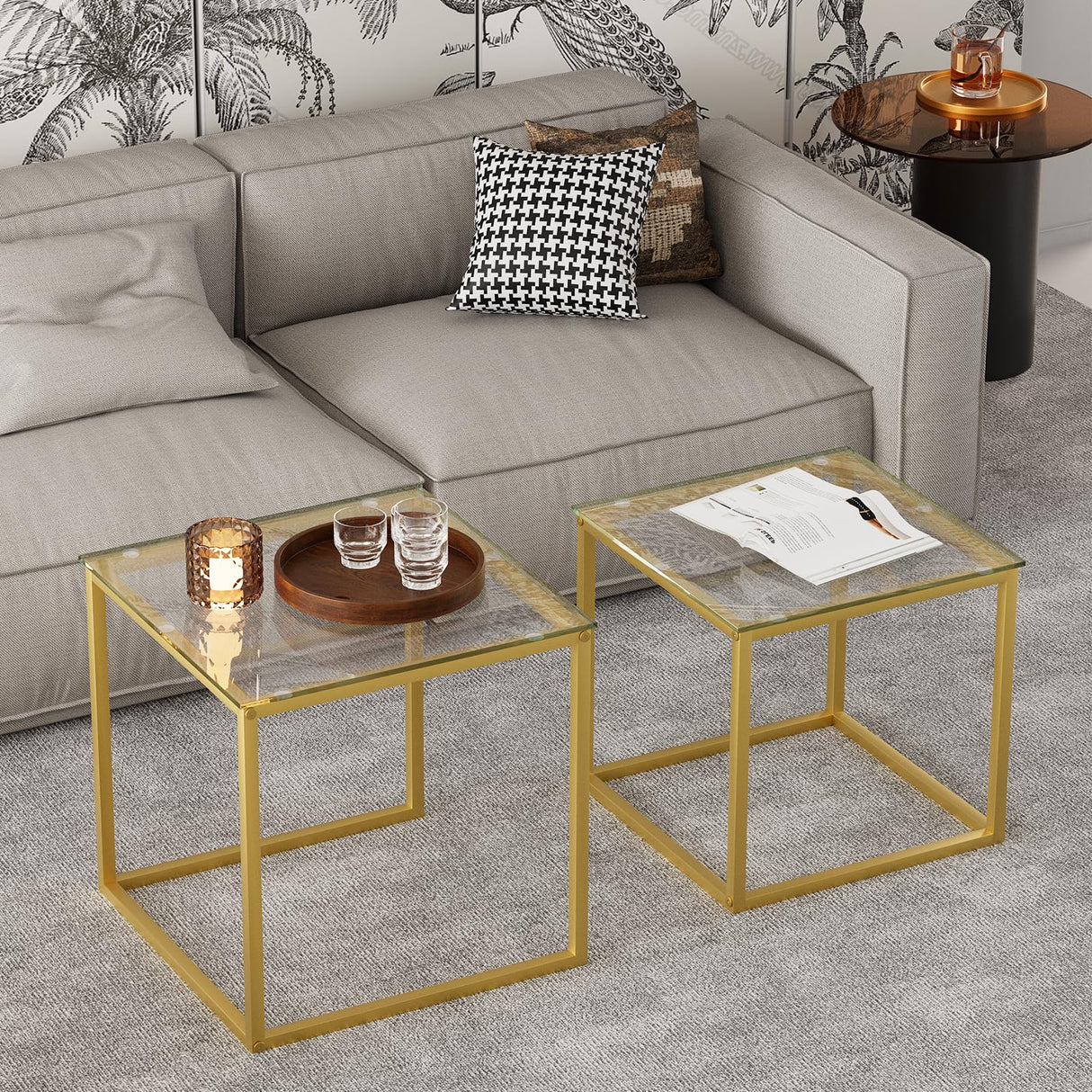 VILAWLENCE Coffee Table Set of 2, Modern Gold Glass Side Table, Metal Frame Square End Table, Center Tables Nesting Coffee Table for Living Room,Bedroom and Small Spaces VILAWLENCE