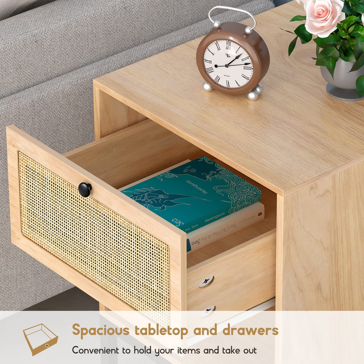 XIAO WEI Rattan Nightstand Set of 2 with Handmade Natural Rattan Drawer, Bedside Table Set of 2, Accent End Table, Boho Night Stand for Bedroom, Living Room, Metal Legs Small XIAO WEI