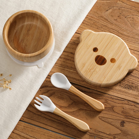 Baby Bowls with Lid,HBM Bamboo Suction Bowls for Baby and Spoon Set,3PC Feeding Supplies Set for Infant, Toddlers,Detachable Silicone Suction Stay Put Base for Wooden Bowl （Marble） HI BABY MONMENT