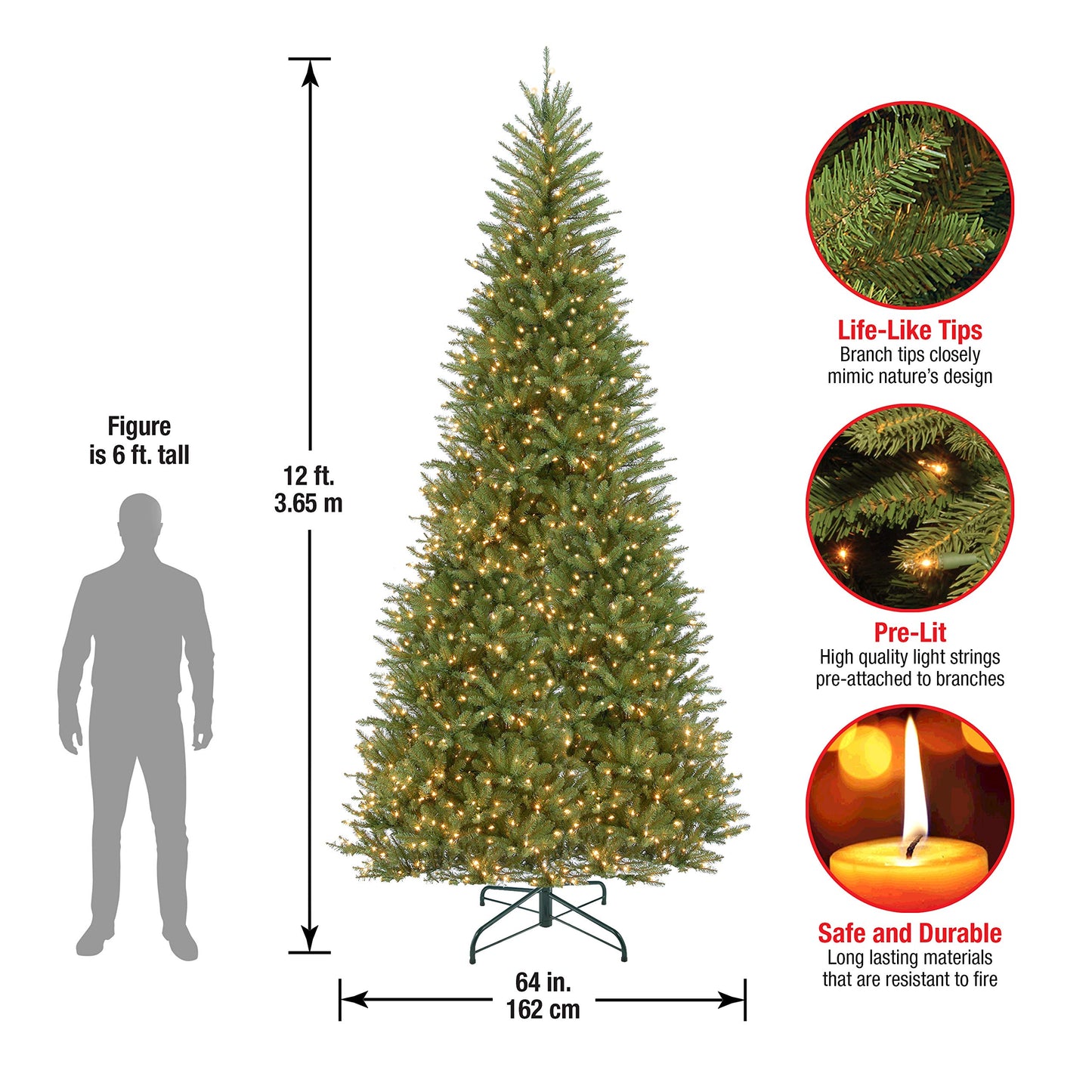 National Tree Company Pre-Lit Artificial Slim Christmas Tree, Green, Dunhill Fir, White Lights, Includes Stand, 12 Feet