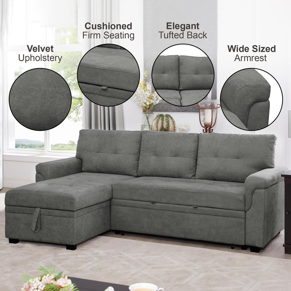 Naomi Home Transform Any Space: Sleeper Sectional Sofa with Convertible Sofa Bed & Inviting Chaise. Find Tranquil Comfort with Stress-Relieving Design & Durable Cushions - Gray/Velvet Naomi Home