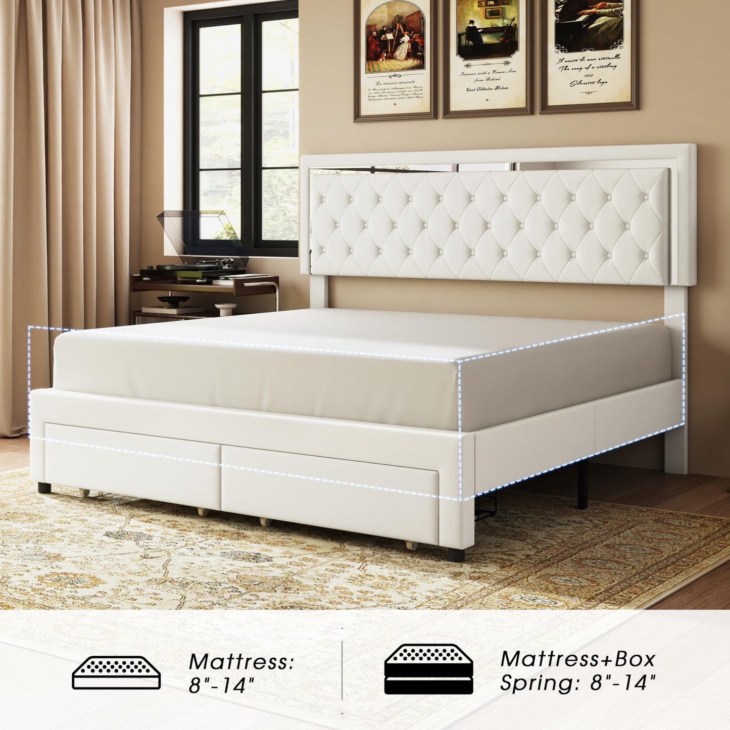 Jocisland Velvet Upholstered Queen Bed Frame with LED Lights and Storage Drawers - WoodArtSupply