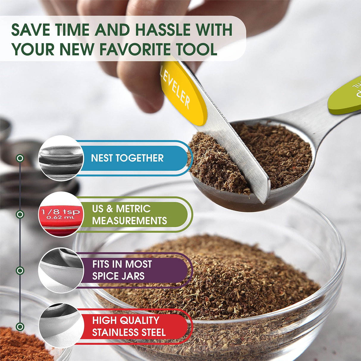Spring Chef Magnetic Measuring Spoons Set with Strong N45 Magnets, Heavy Duty Stainless Steel Metal, Fits in Most Kitchen Spice Jars for Baking & Cooking, BPA Free, Multicolor, Set of 8 with Leveler Spring Chef