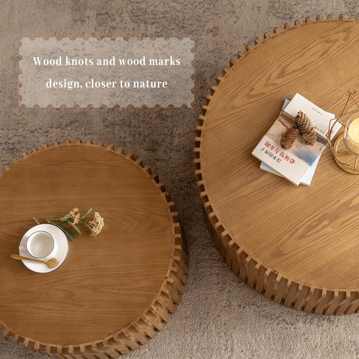 KIGFTSOD Vintage Modern Nesting Coffee Table Set of 2, Round Wooden Table Accent End Table Cylindrical Set with Vertical Textured Embossed Design for Living Room, Apartment (Natural) KIGFTSOD