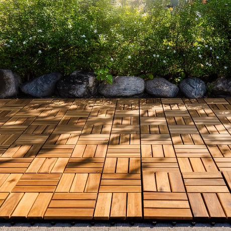 VICTORY RELAX Acacia Wood Decking Tiles 9PCS - Easy Snap Interlocking Deck Tiles for Patio Poolside Balcony Decor - All Weather Waterproof Flooring for Indoor & Outdoor (Round Joints) VICTORY RELAX
