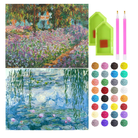 liziciti 2-Pack 5D Diamond Painting Kits, Full Drill Monet Iris Garden & Water Lily Famous Diamond Paintings Collection for Home Wall Decor DIY, 12x16in liziciti