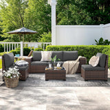 VONZOY Patio Furniture Set, 6 Pieces Outdoor Sectional Sofa Conversation Sets, Brown PE Rattan Wicker Seating Set, 4'' Thickened Cushions & 1 Glass Coffee Table for Backyard Poolside, Grey VONZOY