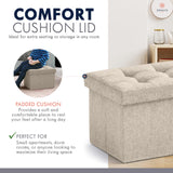 Ornavo Home Small Storage Ottoman Foldable Collapsible Rectangle Linen Ottoman Foot Rest Stool Seat, for Living Room, Bedroom, Home Office, Dorm - 12 x 16 x 12, Beige Ornavo Home