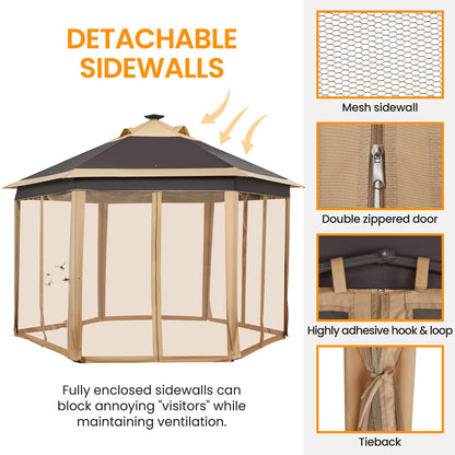 Yaheetech 13×13 Pop-Up Patio Gazebo Tent W/Mesh Netting Sides & 25 Solar LED Lights, Hexagonal Double Vented 3 Height Adjustable Gazebo with Storage - WoodArtSupply