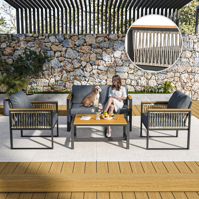 Pamapic 4 Pieces Outdoor Patio Furniture Set with Wicker Handrails, Plastic-Wood Balcony Furniture with Wicker Arm Panel, All-Weather Metal Patio Conversation Sets with Cushion and Coffee Table