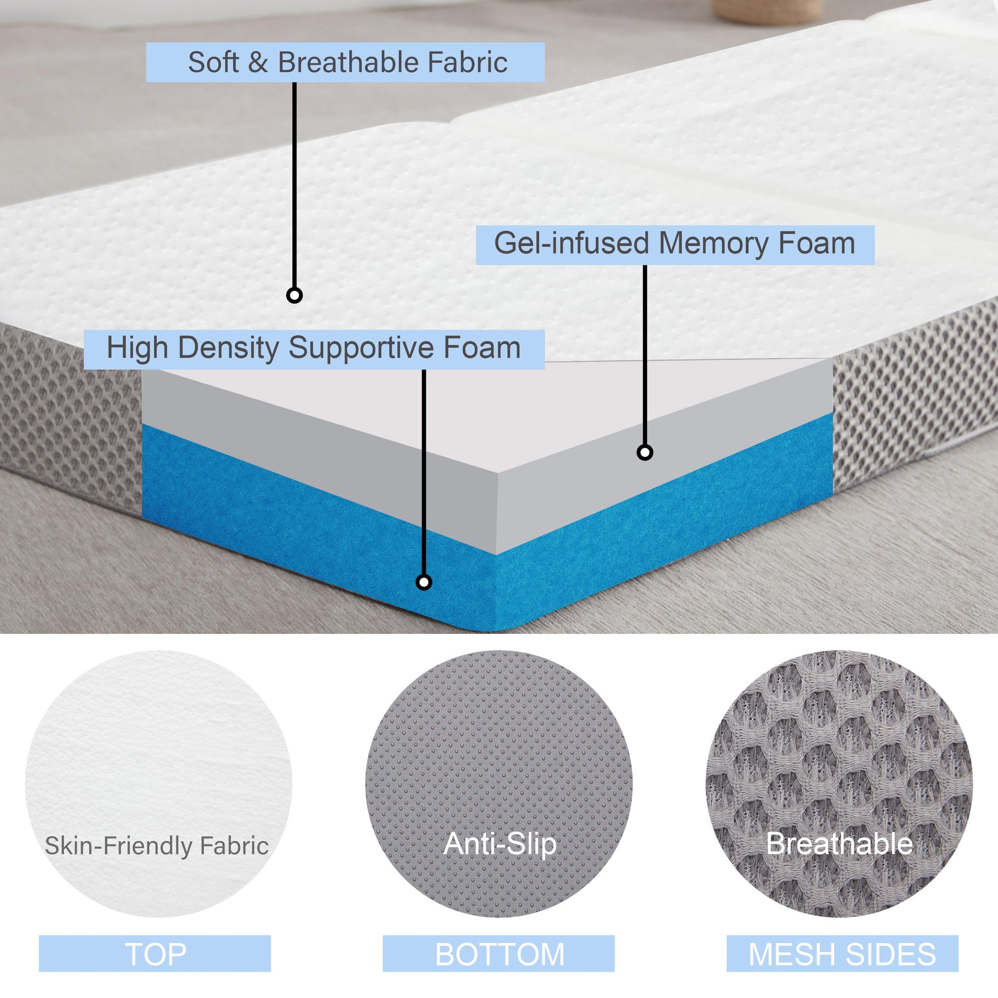 Kingfun Memory Foam Folding Mattress, 4 Inch Gel-Infused Foldable Floor Mattress, Breathable Tri-fold Mattress Topper with Cover, Soft Folding Foldable Portable Floor Guest Bed (Single) - WoodArtSupply