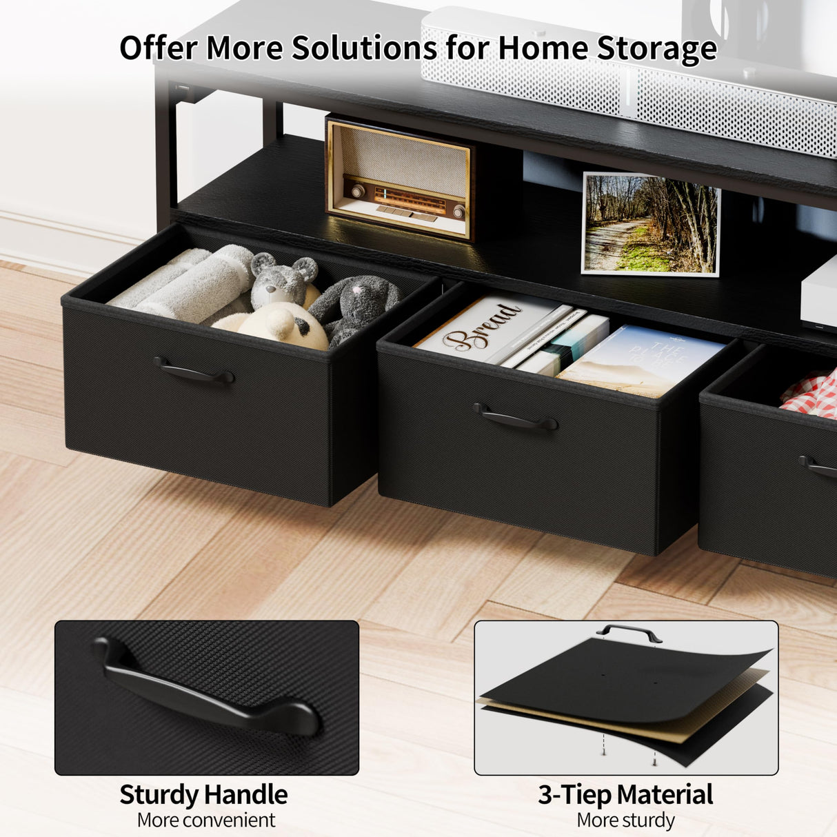 JUSTOGO TV Stand with Mount and Power Outlet, TV Stand Mount with Storage for Living Room, Entertainment Center with LED Lights for 45/55/60/65 inch TVs, Height Adjustable Media Console, Black JUSTOGO