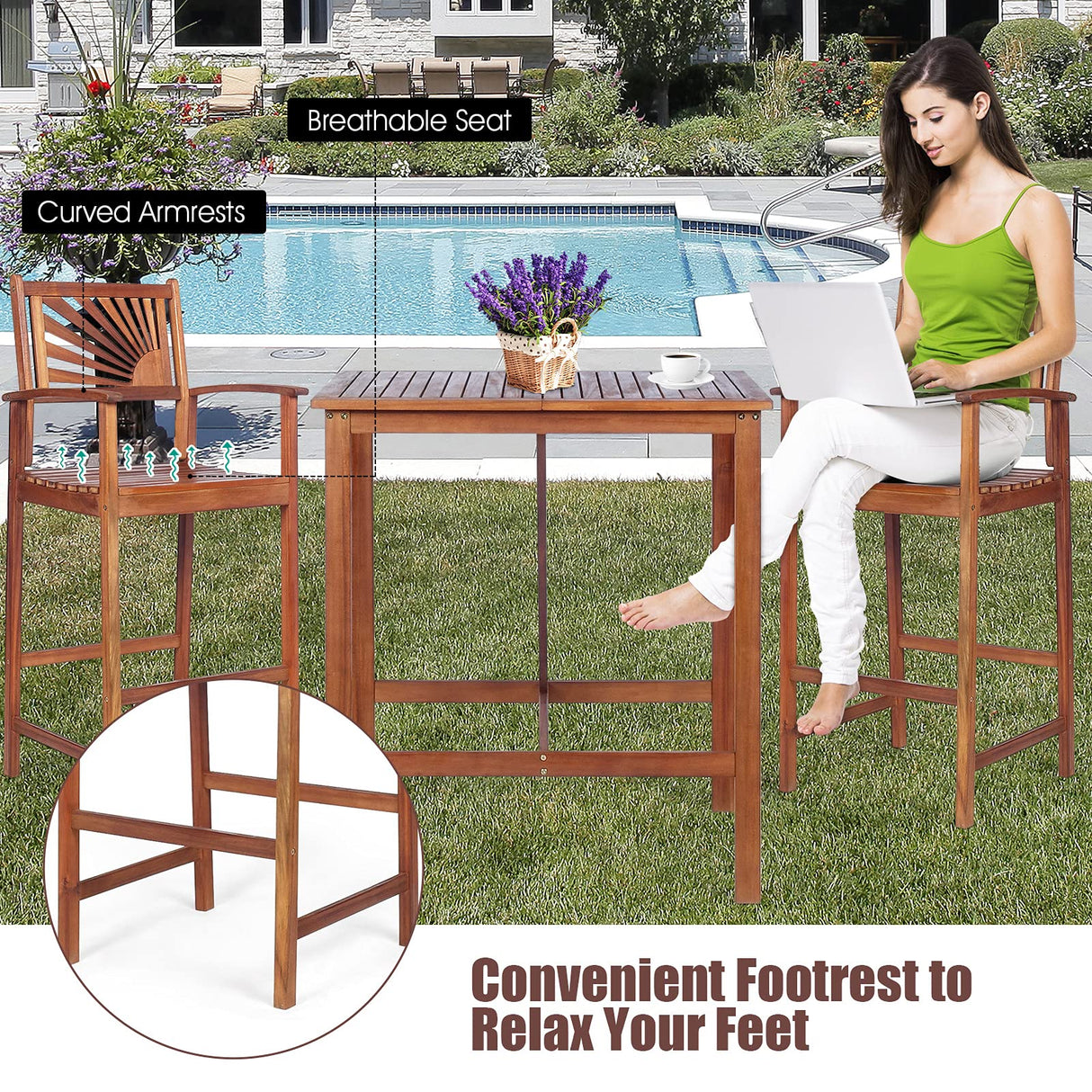 COSTWAY 3PCS Bar Table Set, Outdoor Acacia Wood Dining Set, Spacious Tabletop, Comfortable Backrest, Suitable for Sunroom, Backyard, Balcony, Space-Saving Design COSTWAY