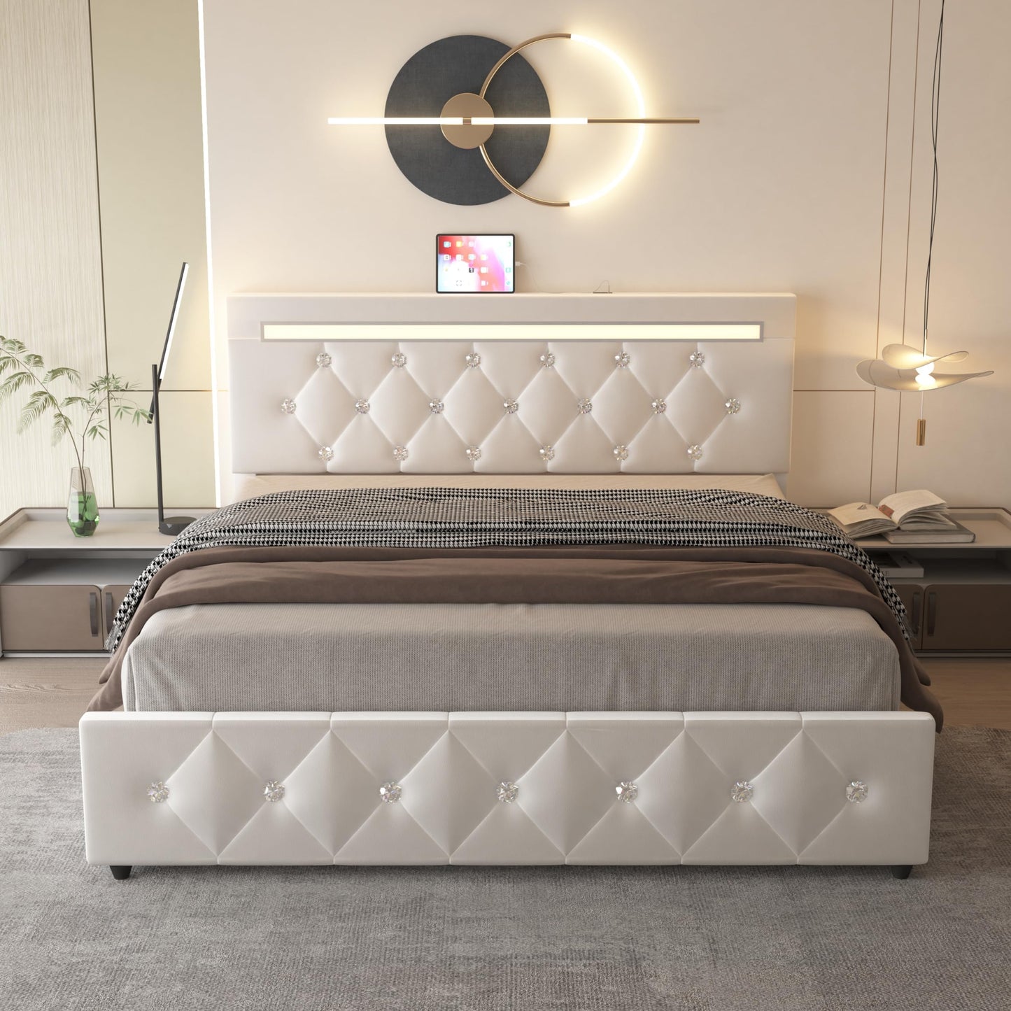 Kallabe White Queen Bed Frame with LED Headboard, 4 Storage Drawers, and USB Charging Station - WoodArtSupply