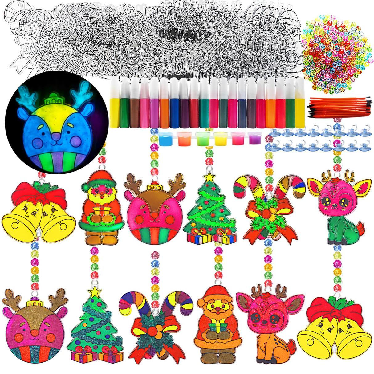 Ayhuhra 30 Sets Christmas Suncatcher Crafts DIY Glow in The Dark Window Paint Art Kit Creative Window Ornaments for Classroom Christmas Holiday Seasonal Home Activities Party Art Project Ayhuhra