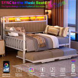 Daybed with Trundle and LED Light, Heavy Duty Metal Full Bed Frame with Upholstered Storage Headboard & Charging Station, Day Bed Pop Up Trundle Bed for Living Room,Bedroom and Guest Room, White Jocoevol