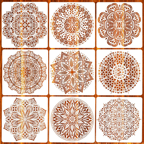 Eunvabir 9 Pack 12x12'' Mandala Stencils for Painting on Wood, Floor, Wall, Tile Fabric, Reusable Furniture Stencils Painting Template Eunvabir
