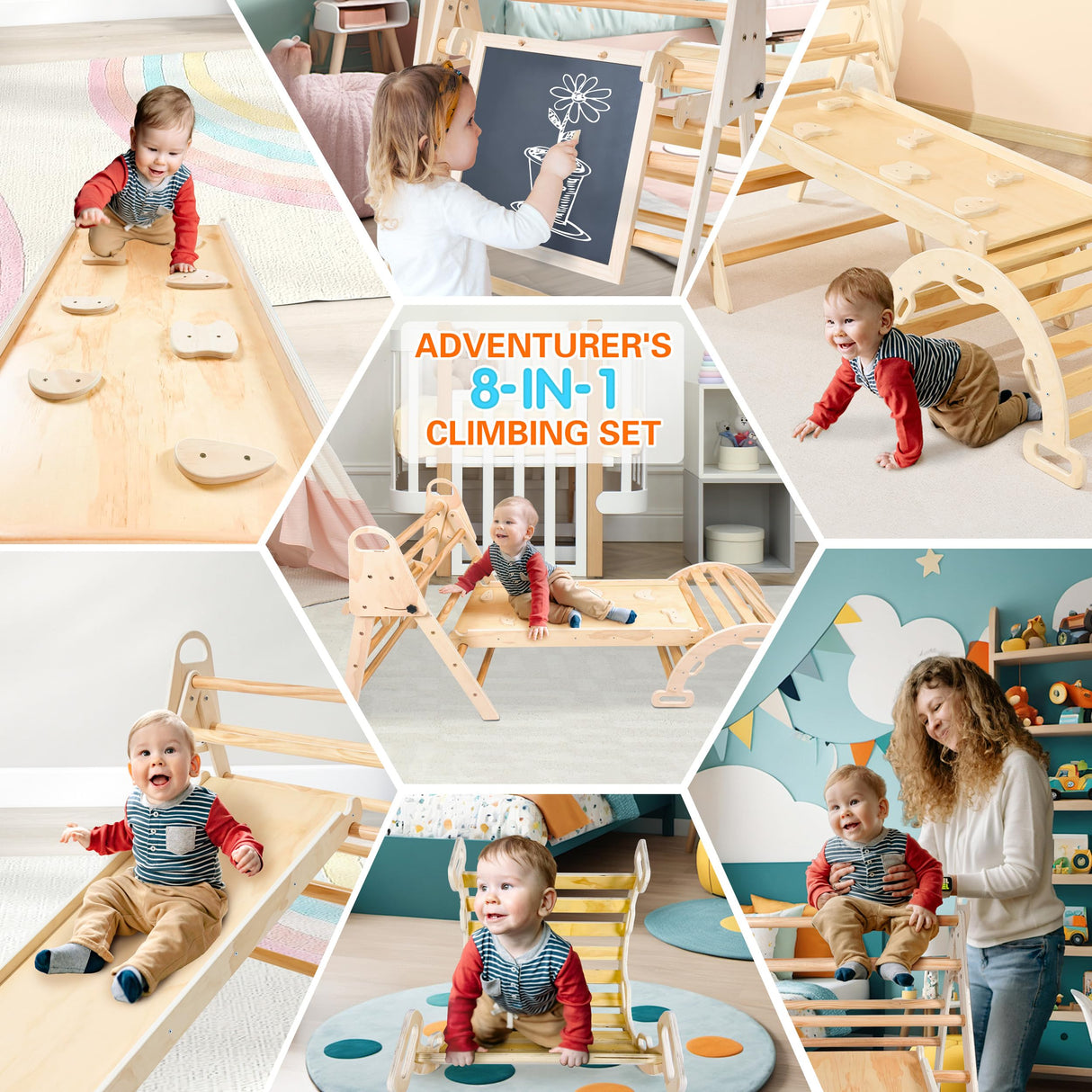 Vinworlf 8 in 1 Pikler Triangle Set, Foldable Baby Climbing Toys, Montessori Climbing Set with Arch&Ramp&Ladder&Whiteboard, Toddler Climbing Toys, Indoor Playground Climbing Toys for Toddlers 1-3 Vinworlf