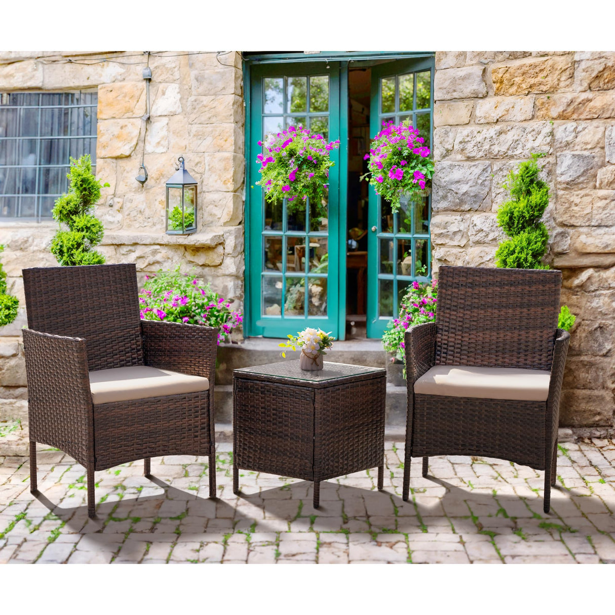 Flamaker Patio Furniture Set 3 Pieces All-Weather Rattan Outdoor Furniture Patio Chairs with Tempered Glass Table for Porch Bistro Balcony (Brown/Cream) Flamaker