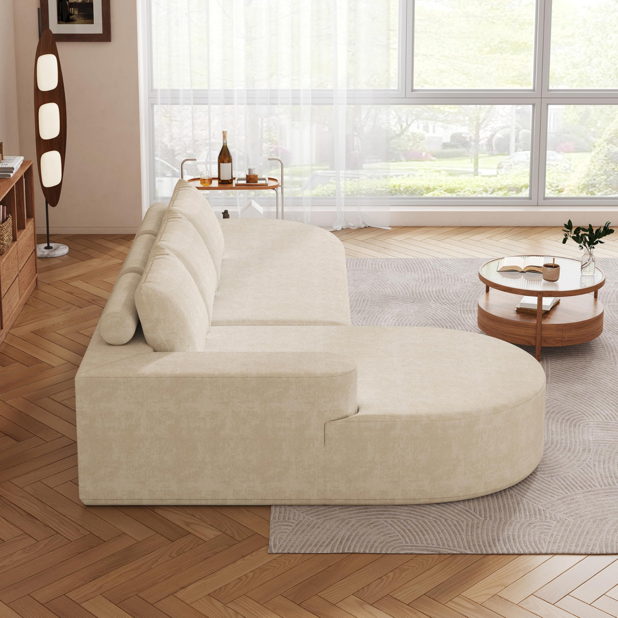 KEIKI 108.5" L Shaped Corner Couch with Chaise, Curved Sectional Sofa, Upholstered Chenille Sectional Couch for Living Room, Bedroom, Beige KEIKI