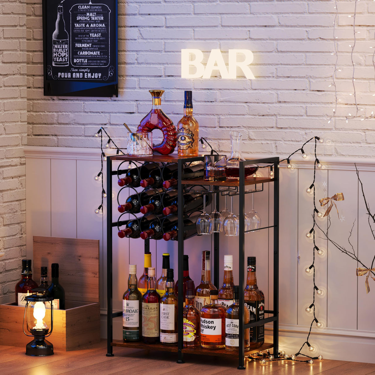 Freestanding Liquor Cabinet with 9-Bottle for Home Bar, Versatile Wine Rack Freestanding Floor with Glass Holder and Fences, Mini Bar Table Liquor Whiskey Display Large-Capacity Corner Wine Cabinet Bosimeca