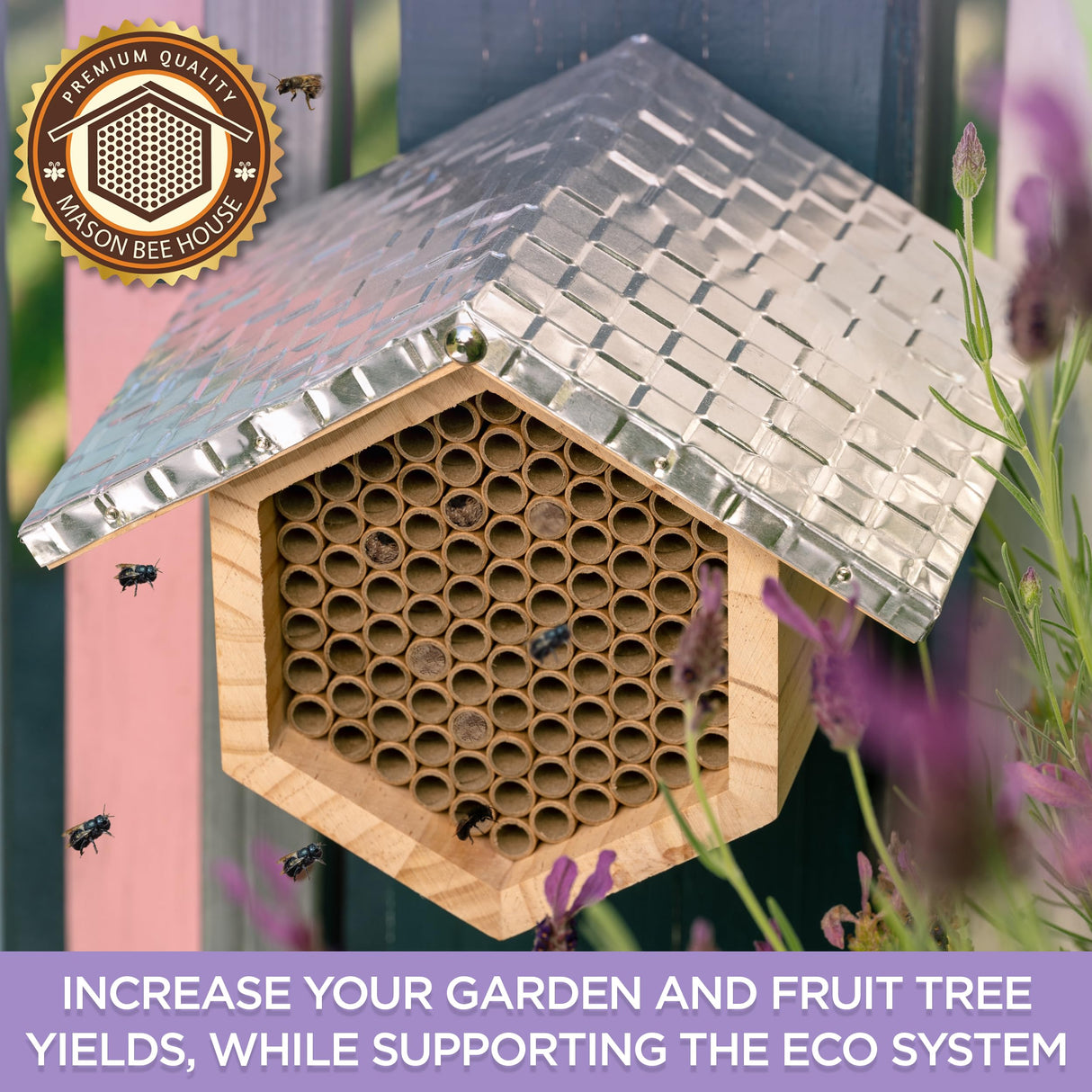 Rivajam Beekeeper Pro Mach II Mason Bee House - Strong + Waterproof Bee Hotel & Insect Habitat - Replaceable Mason Bee Tubes Filled Bee Houses for The Garden - Pollinator House Gardening Gifts Rivajam