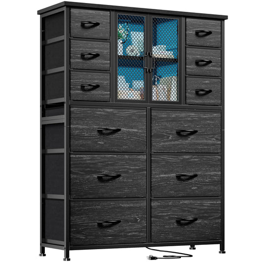 EnHomee Tall Dresser for Bedroom with 12 Drawer Dressers & Chests of Drawers for Closet with Charging Station & LED Lights & Mesh Door Sturdy Black Dresser with Wooden Top and Metal Frame