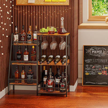 Versatile Liquor Stand for Home Bar, Wine Rack Freestanding Floor, Mini Bar Table for Liquor Whiskey Wine, 3-Tier Trapezoidal Liquor Bottle Display Shelf with Glass Holder and Fences(Patent Pending) Hayexiha