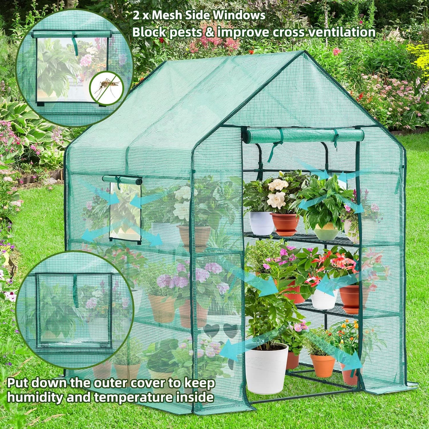 Greenhouse for Outdoors with Screen Windows, Ohuhu Walk in Plant Greenhouses Heavy Duty with Durable PE Cover, 3 Tiers 12 Shelves Stands 4.8x4.8x6.3 FT Plastic Portable Green House with Shelf - WoodArtSupply