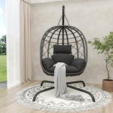 LUTINLIX Wicker Egg Chair Outdoor Indoor,Foldable Patio Hanging Egg Chair with Stand,Swing Chair with UV Resistant Cushion 350lbs Capacity for Bedroom, Patio, Garden and Balcony (Black+Dark Grey) LUTINLIX