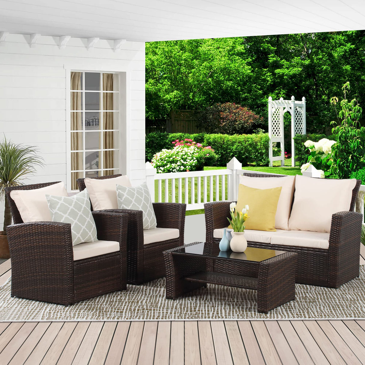 Wisteria Lane 4 Piece Outdoor Patio Furniture Sets, Wicker Conversation Set for Porch Deck, Brown Rattan Sofa Chair with Cushion Wisteria Lane