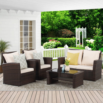 Wisteria Lane 4 Piece Outdoor Patio Furniture Sets, Wicker Conversation Set for Porch Deck, Brown Rattan Sofa Chair with Cushion - WoodArtSupply