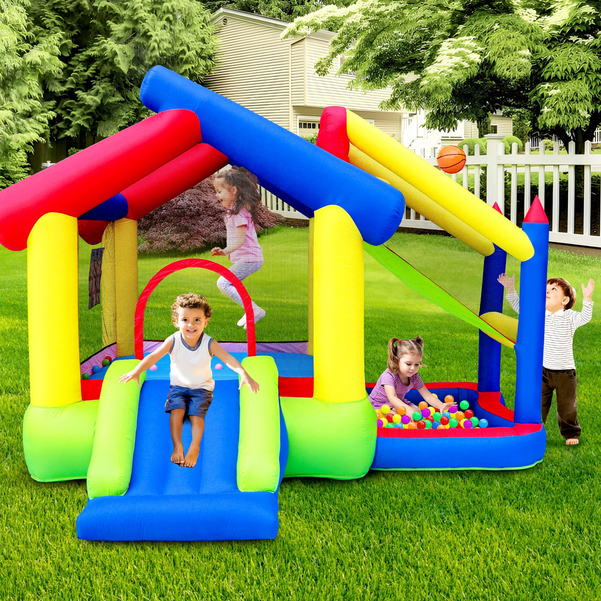 WELLFUNTIME Inflatable Bounce House with Slide, Jumping Castle with Blower and Ball Pool, Basketball Game, Dart Target Game WELLFUNTIME