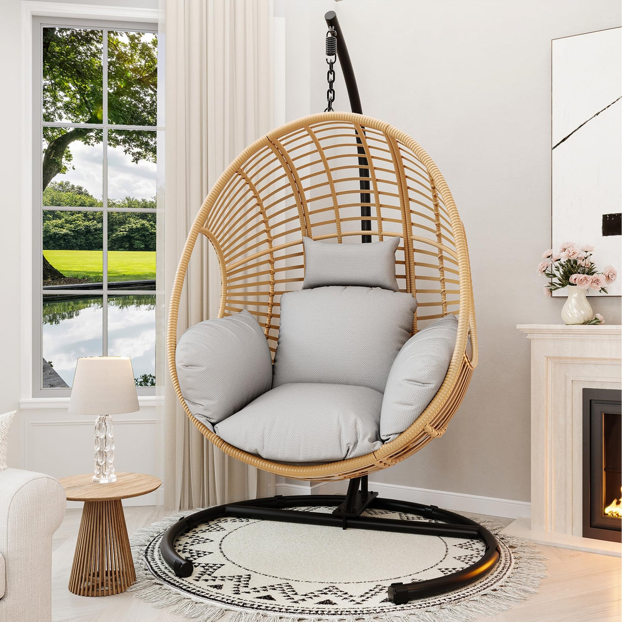 CHINNLUU Oversized Hanging Egg Chair Outdoor Wicker Swing Chair with Stand Rain Cover UV Resistant Cushion 400lbs Capacity for Patio, Garden and Balcony CHINNLUU