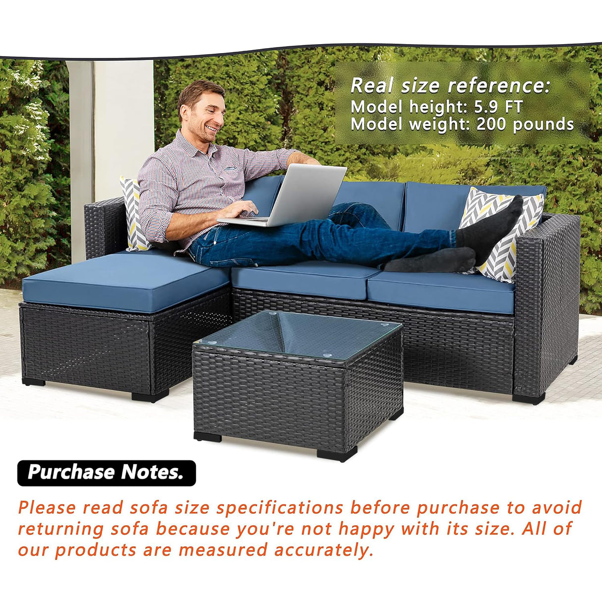 Shintenchi 3 Pcs Patio Furniture Set,Outdoor Sectional Black Wicker Patio Conversation Set,All-Weather Rattan Patio Couch with Washable Cushions and Glass Coffee Table(Navy Blue) Shintenchi