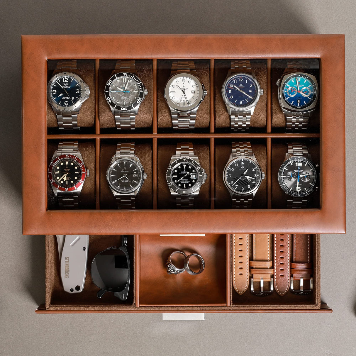 ROTHWELL 10-Slot Watch Box in Leather with Valet Drawer, Luxury Watch Case Display Organizer with Ultra Soft Microsuede Liner, Jewelry and Sunglass Holder With Large Glass top (Tan/Brown) ROTHWELL
